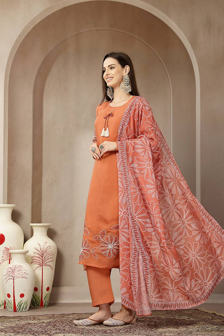 Rust Embroidered Silk Straight Cut Suit Set