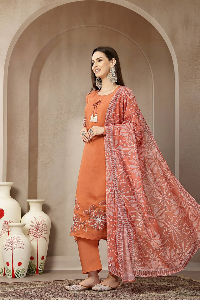 Rust Embroidered Silk Straight Cut Suit Set