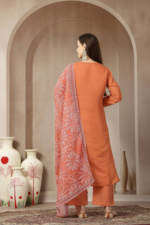 Rust Embroidered Silk Straight Cut Suit Set