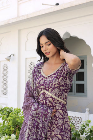 Wine Floral Printed Cotton Kurti Pant Set (113cottonwine)