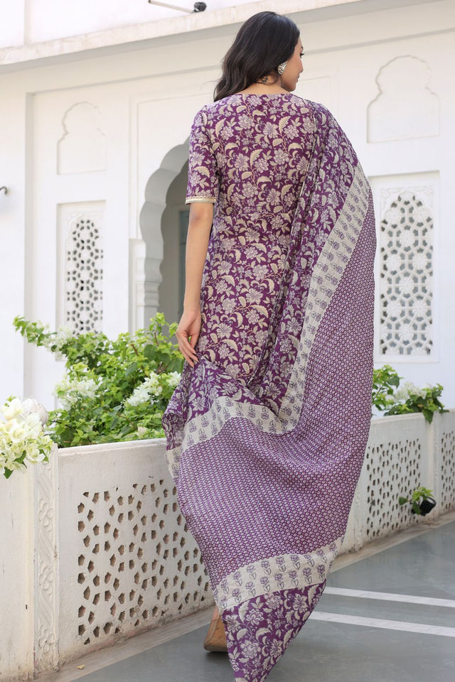 Wine Floral Printed Cotton Kurti Pant Set (113cottonwine)