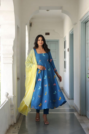 Blue Embroidered Cotton Anarkali Suit (114butterfly)
