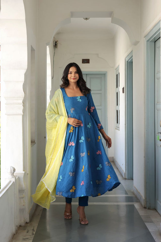 Blue Embroidered Cotton Anarkali Suit (114butterfly)