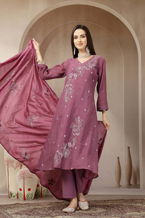 Violet Embroidered Silk Anarkali Suit Set