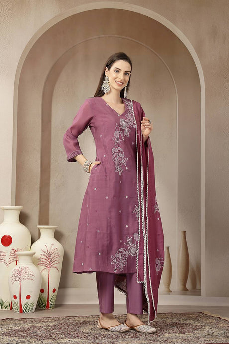 Violet Embroidered Silk Anarkali Suit Set