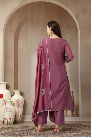 Violet Embroidered Silk Anarkali Suit Set