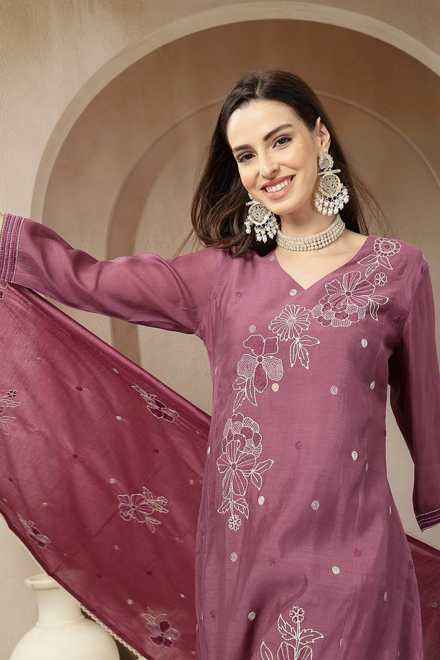 Violet Embroidered Silk Anarkali Suit Set