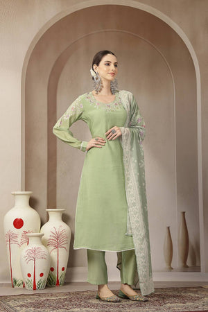 Green Embroidered Silk Straight Cut Suit Set