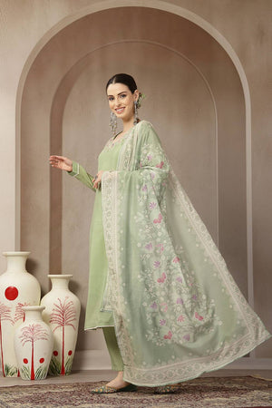 Green Embroidered Silk Straight Cut Suit Set