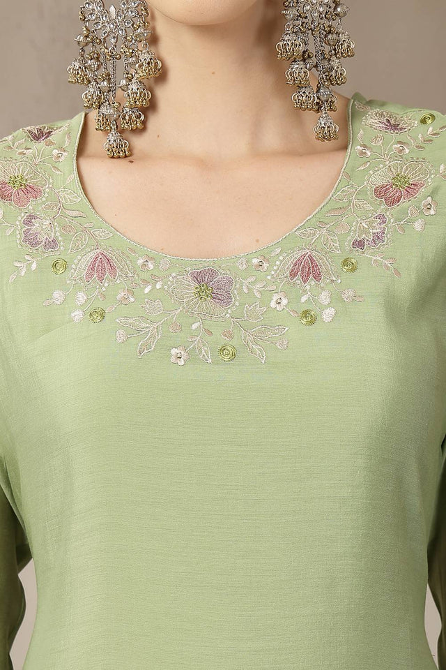 Green Embroidered Silk Straight Cut Suit Set