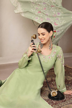 Green Embroidered Silk Straight Cut Suit Set