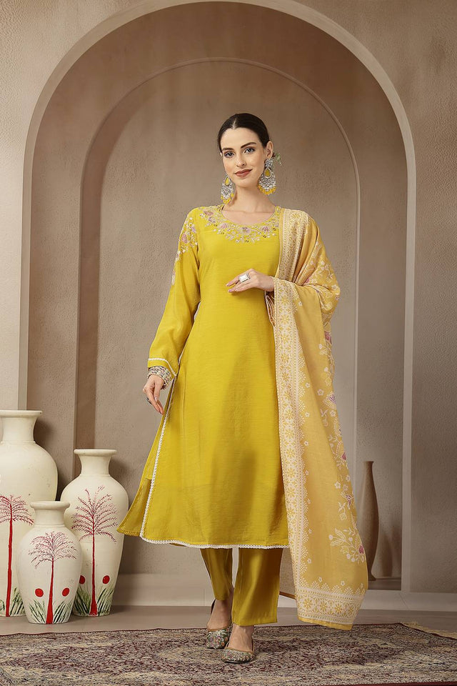 Mustard Embroidered Silk Straight Cut Suit Set