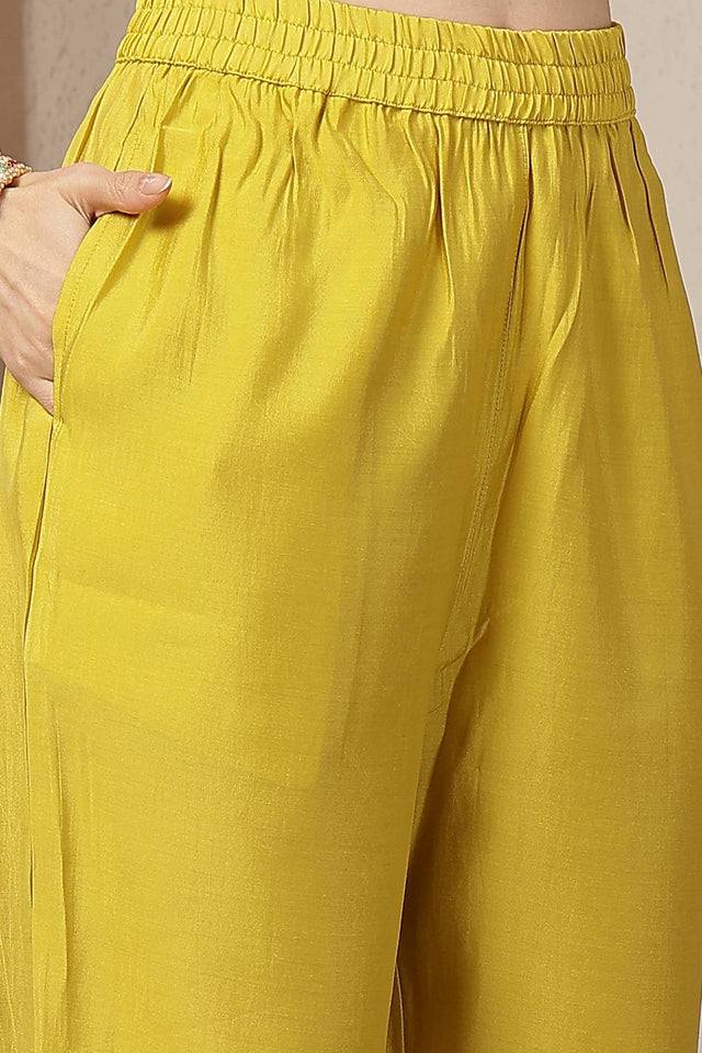 Mustard Embroidered Silk Straight Cut Suit Set