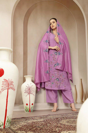 Lavender Embroidered Silk Palazzo Suit Set