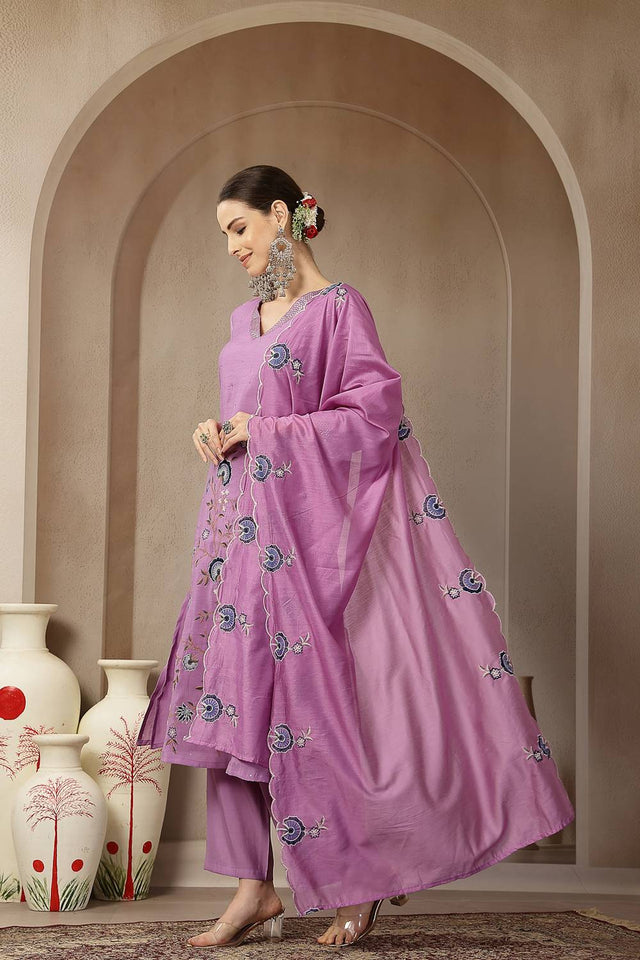 Lavender Embroidered Silk Palazzo Suit Set