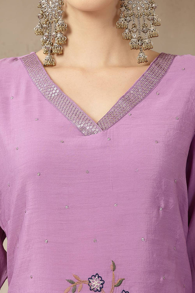 Lavender Embroidered Silk Palazzo Suit Set