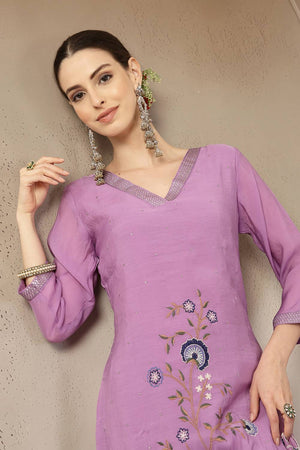 Lavender Embroidered Silk Palazzo Suit Set