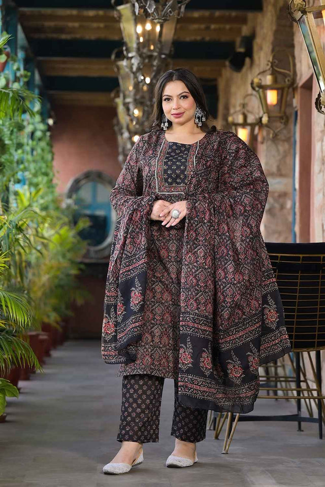 Multi-Color Floral Print Pure Cotton Kurti Pant Set