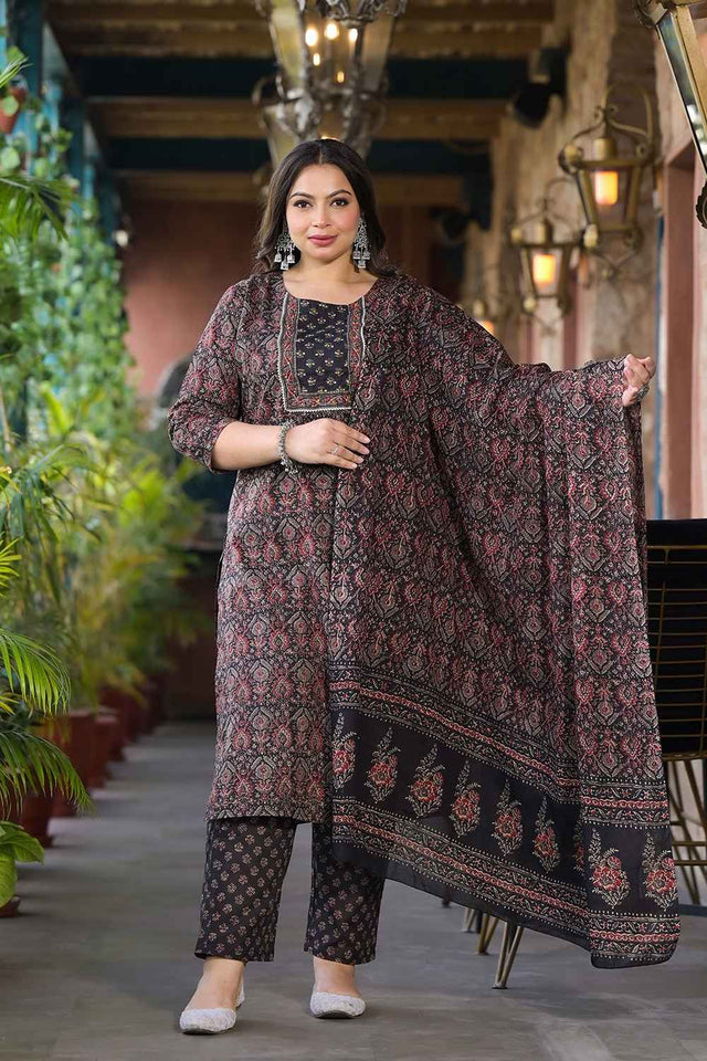 Multi-Color Floral Print Pure Cotton Kurti Pant Set