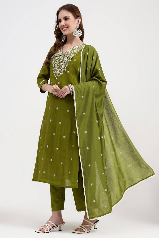 Green Embroidered Silk Straight Cut Suit Set