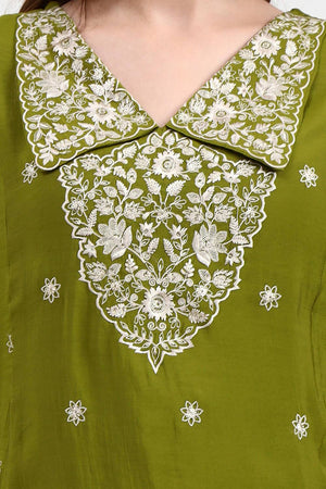 Green Embroidered Silk Straight Cut Suit Set