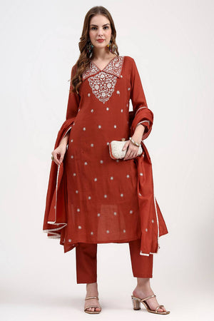 Rust Embroidered Silk Straight Cut Suit Set