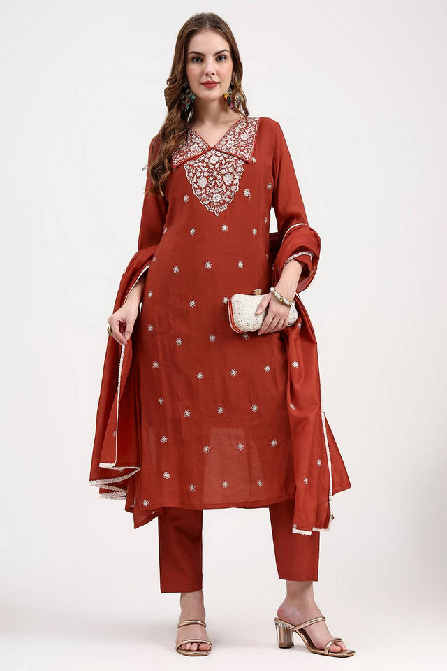 Rust Embroidered Silk Straight Cut Suit Set