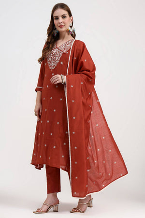 Rust Embroidered Silk Straight Cut Suit Set