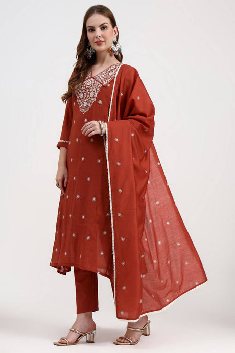 Rust Embroidered Silk Straight Cut Suit Set