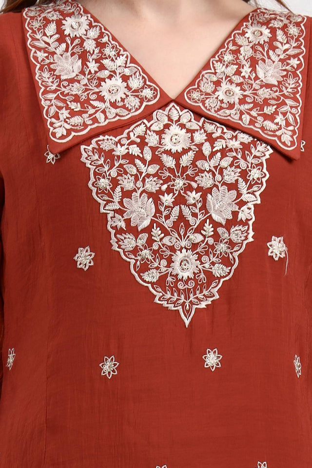 Rust Embroidered Silk Straight Cut Suit Set