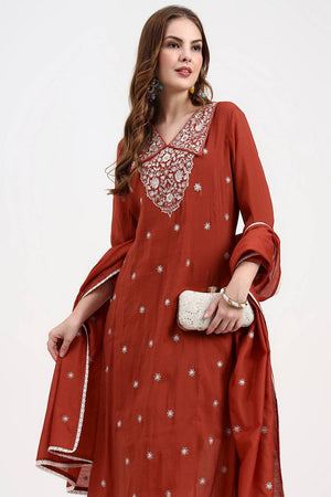 Rust Embroidered Silk Straight Cut Suit Set
