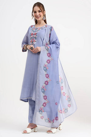 Blue Embroidered Silk Straight Cut Suit Set