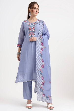 Blue Embroidered Silk Straight Cut Suit Set