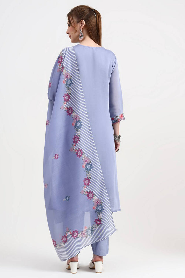 Blue Embroidered Silk Straight Cut Suit Set