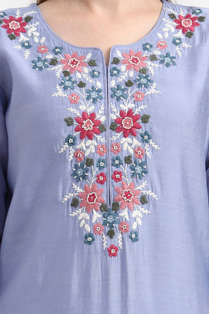 Blue Embroidered Silk Straight Cut Suit Set