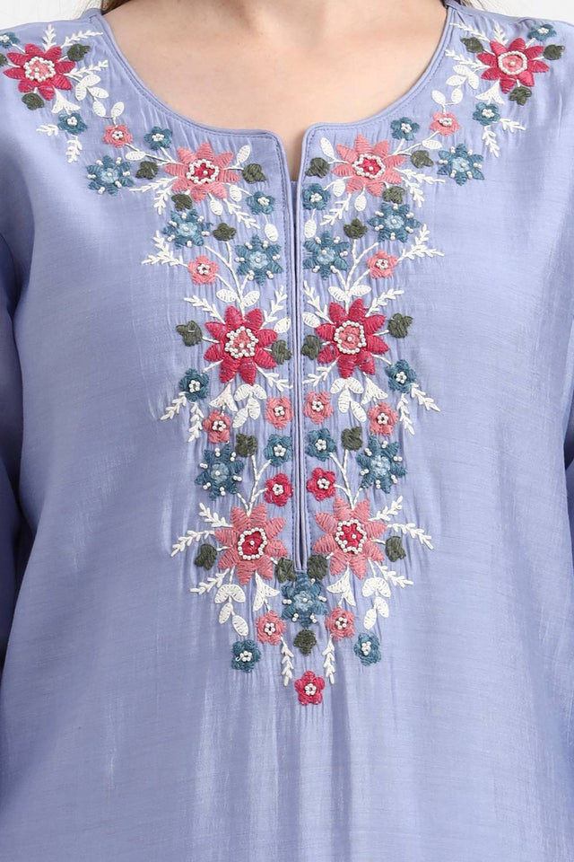 Blue Embroidered Silk Straight Cut Suit Set