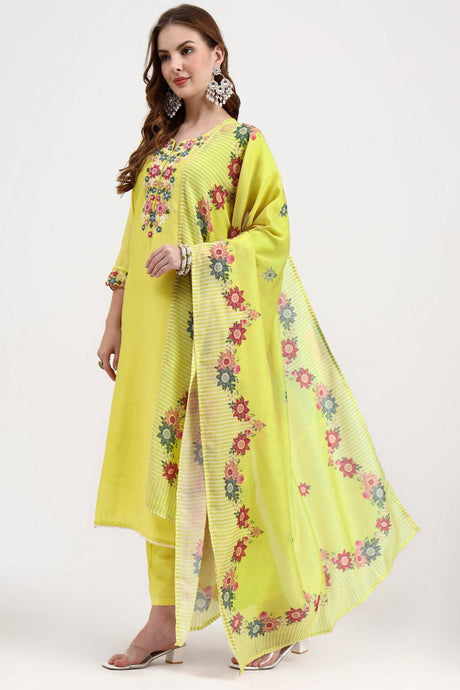 Yellow Embroidered Silk Straight Cut Suit Set