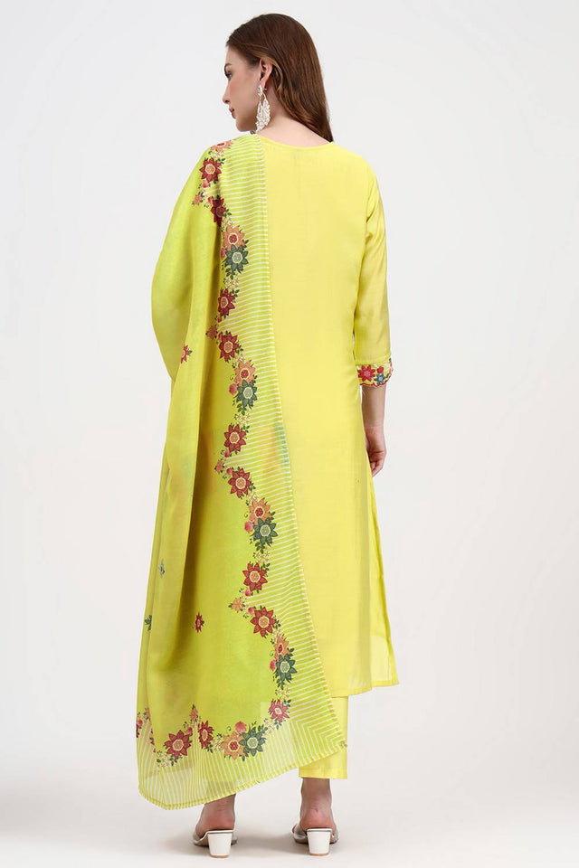 Yellow Embroidered Silk Straight Cut Suit Set