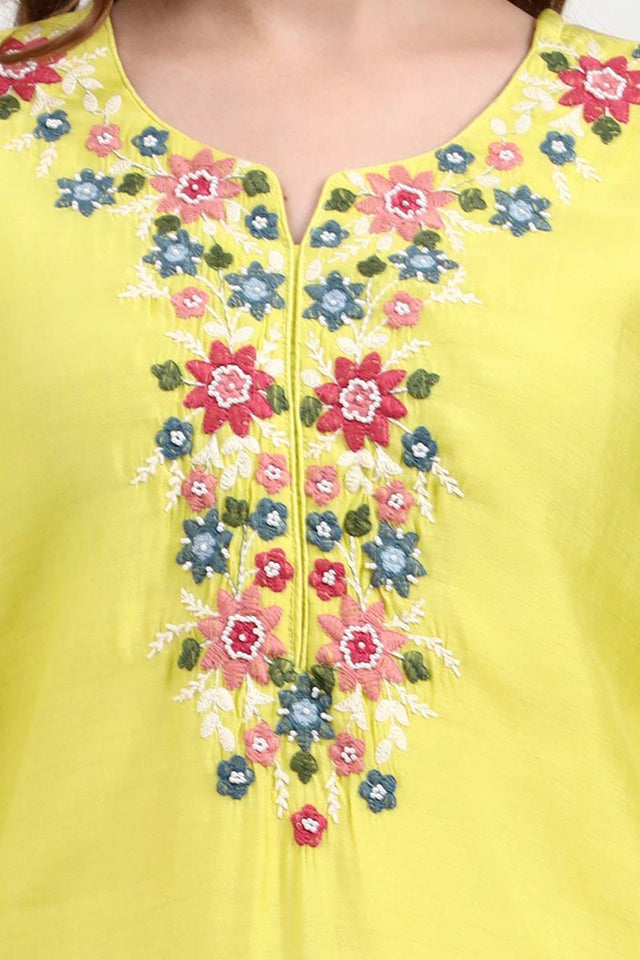 Yellow Embroidered Silk Straight Cut Suit Set