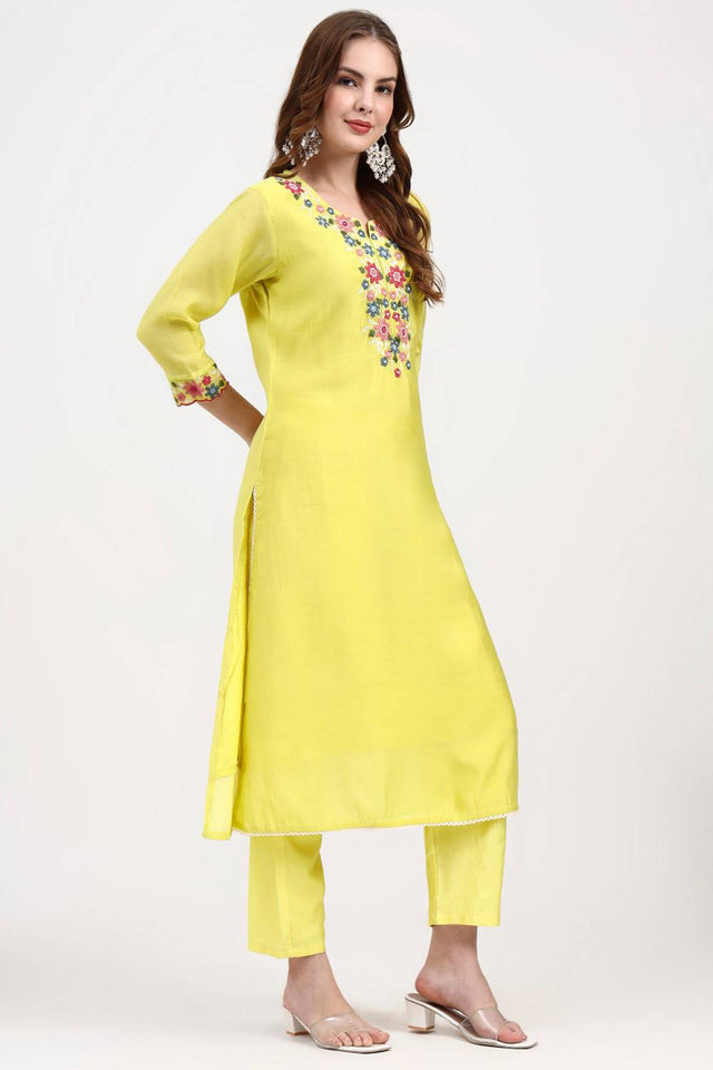 Yellow Embroidered Silk Straight Cut Suit Set