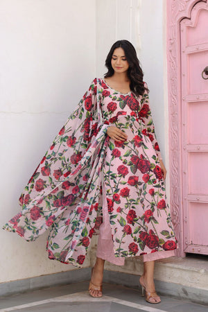 Pink Floral Printed Chiffon Kurti Pant Set (118rose)