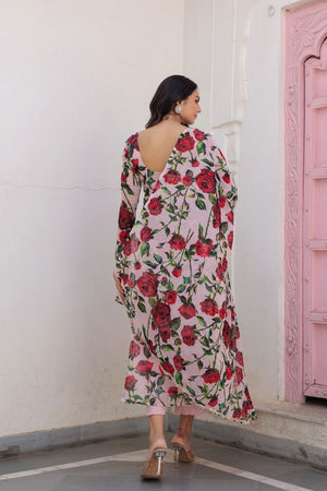 Pink Floral Printed Chiffon Kurti Pant Set (118rose)