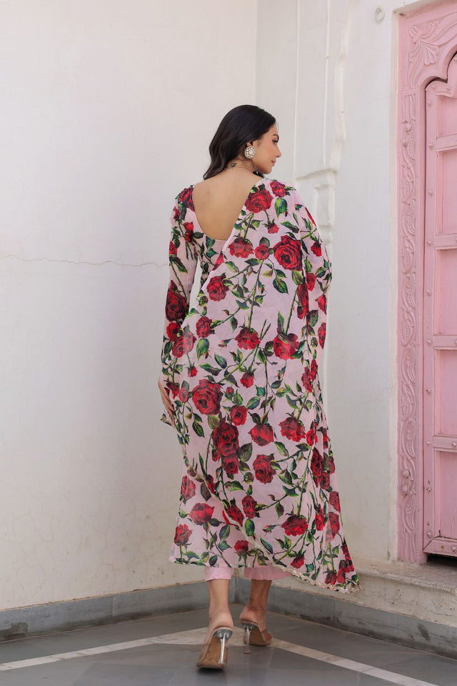 Pink Floral Printed Chiffon Kurti Pant Set (118rose)