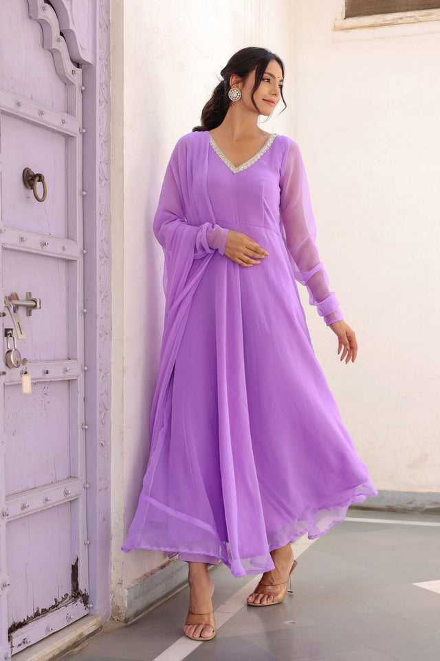 Lavender Thread Work Georgette Anarkali Suit (119lavgeorgette)