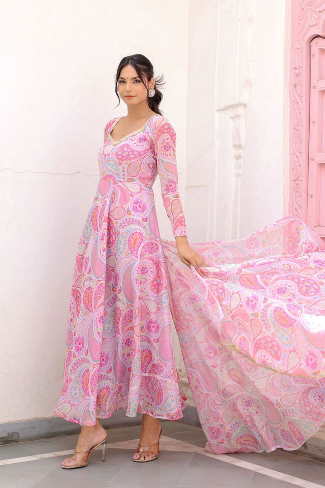 Pink Ethnic Motifs Printed Chiffon Anarkali Suit (120paisley)