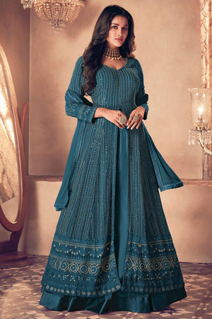 Turquoise Sequin with Embroidered Georgette Gown