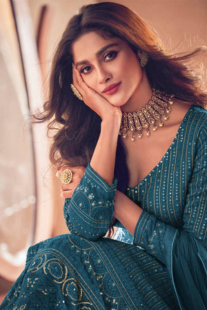 Turquoise Sequin with Embroidered Georgette Gown