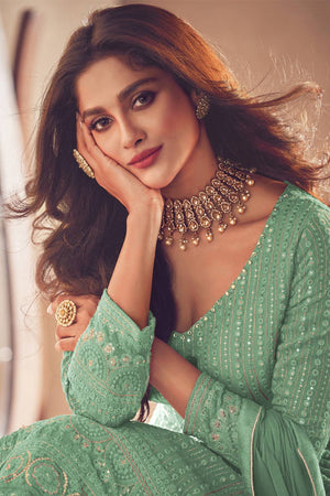 Sea Green Sequin with Embroidered Georgette Gown