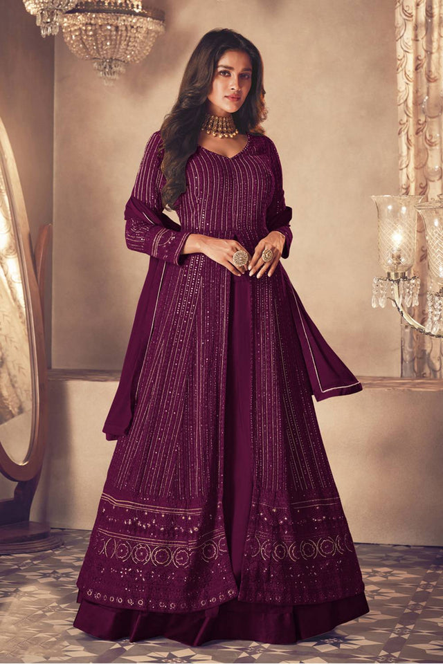 Wine Sequin with Embroidered Georgette Gown