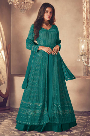 Turquoise Sequin with Embroidered Georgette Gown